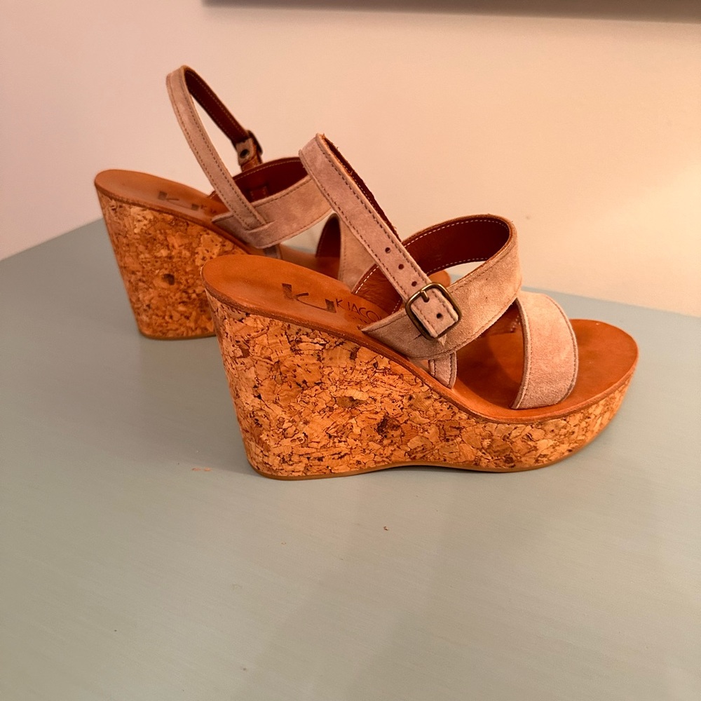 K.Jacques Mushroom Color Suede Cork Wedge Sandal
